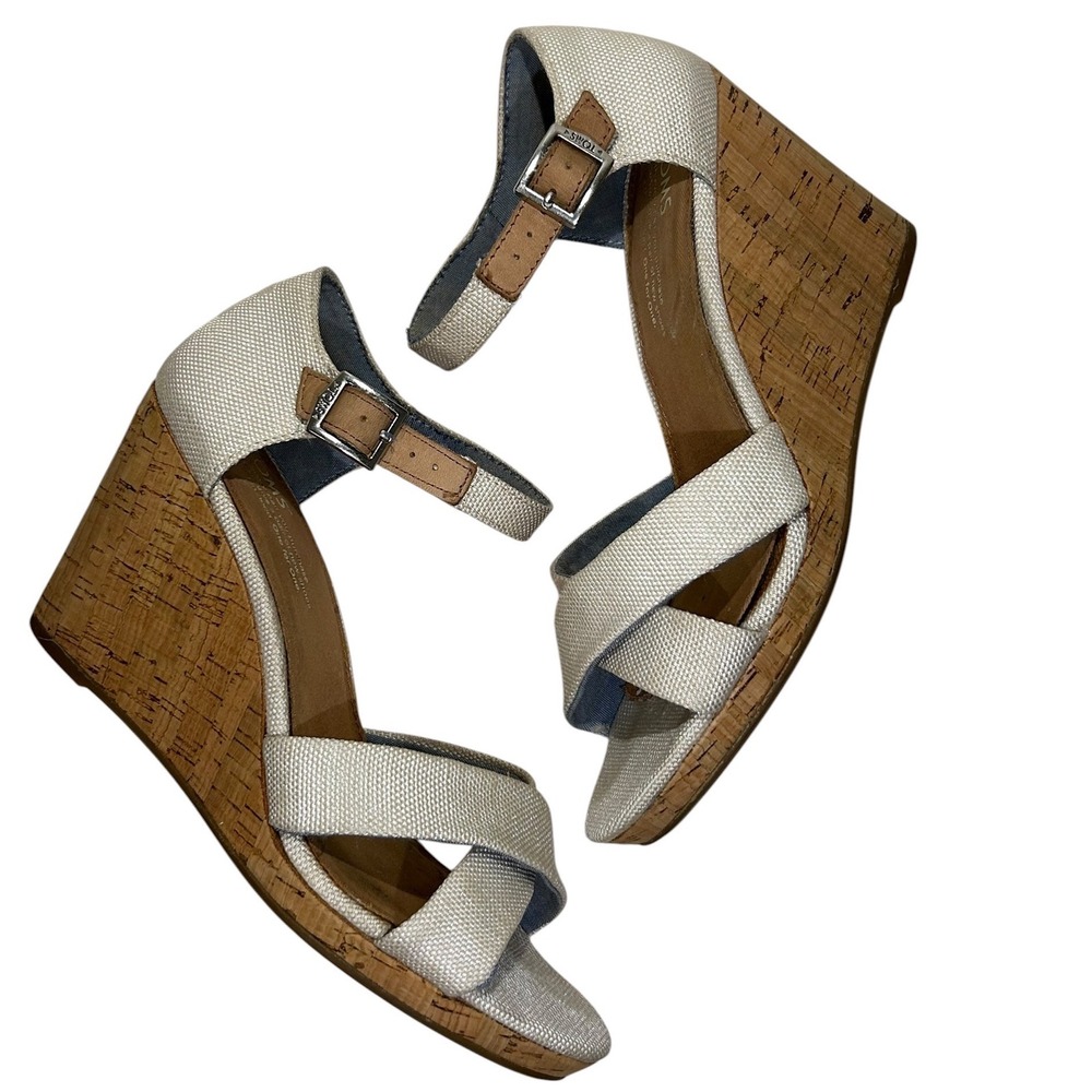 TOMS Womens Cork Wedge Sandals Cream Canvas Ankle Strap Size 8